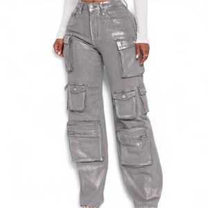 Fashion Nova Metallic Gray Cargo Jeans